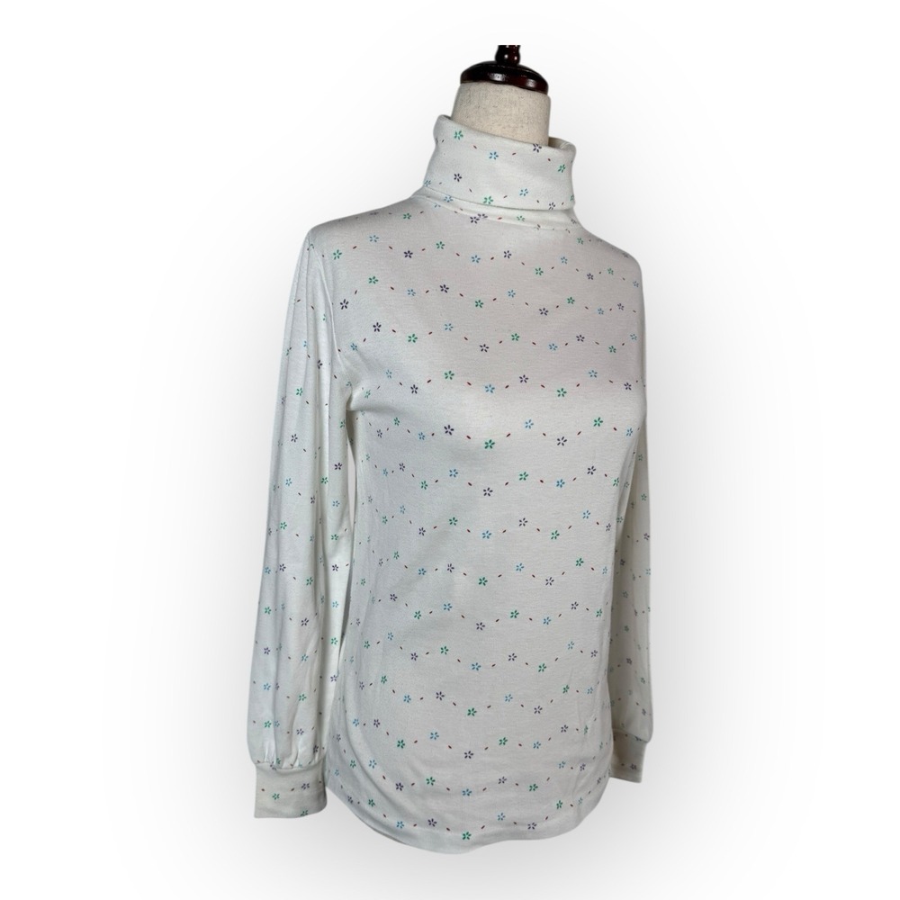 Vintage White Delicate Flower Pattern Fold Over Turtleneck Long Sleeve Top Small - Picture 3 of 7